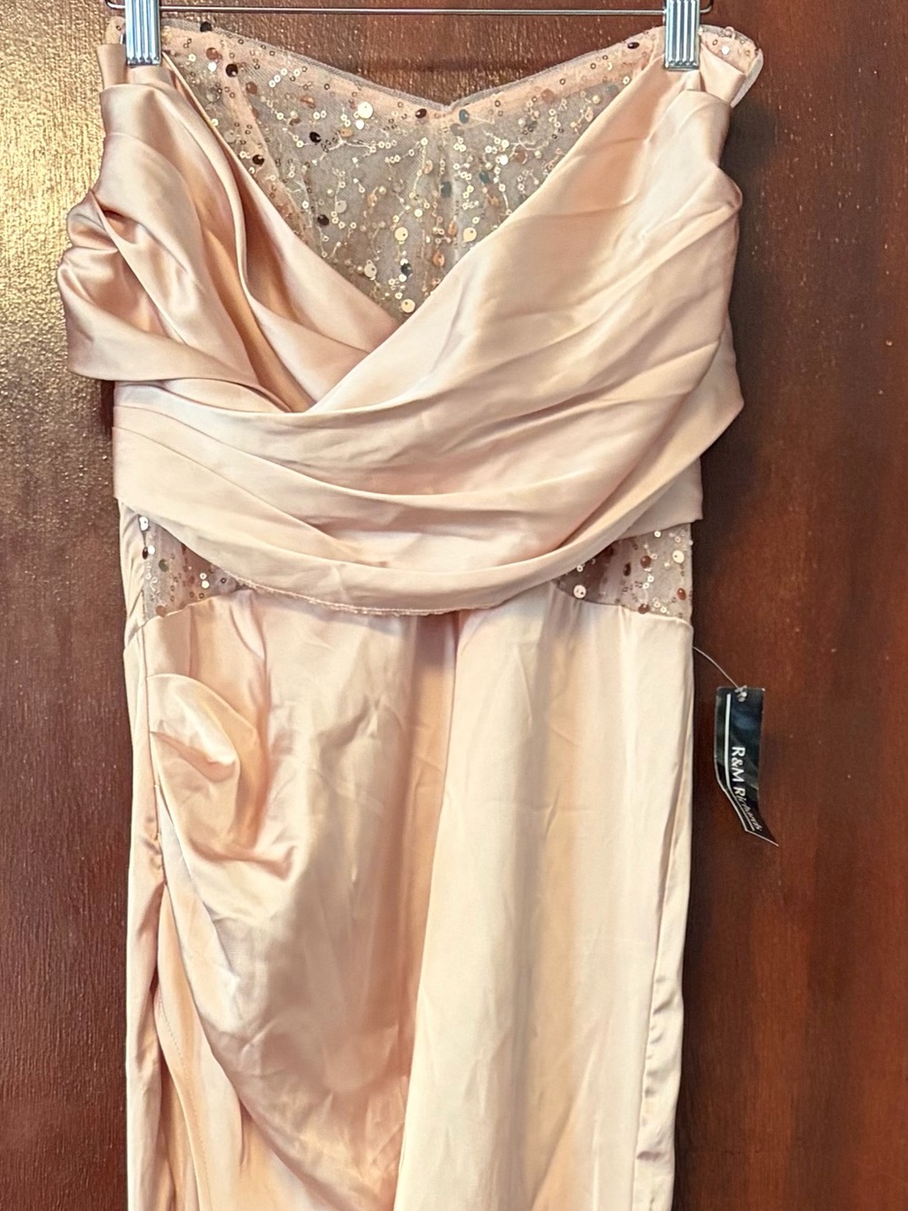 R&M Richards Blush Satin Strapless Gown with Sequin Bodice